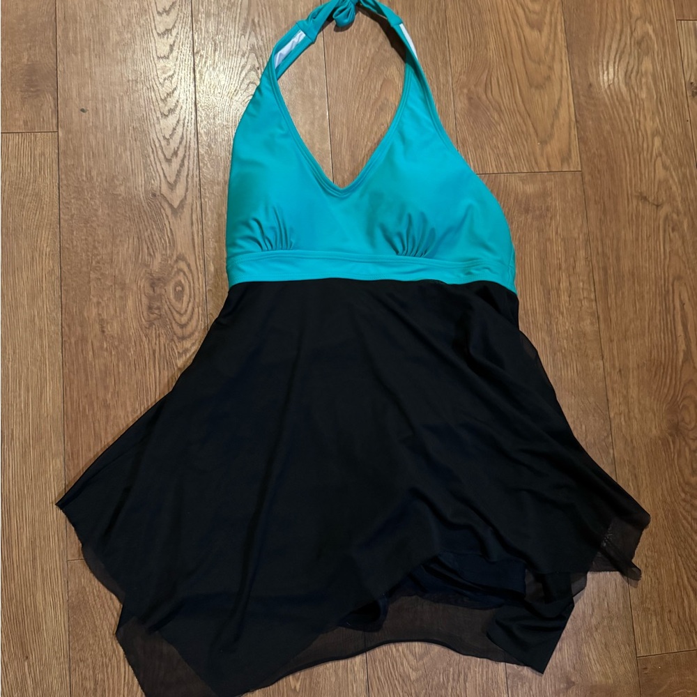Elegant Teal and Black Halter One-Piece Swimsuit